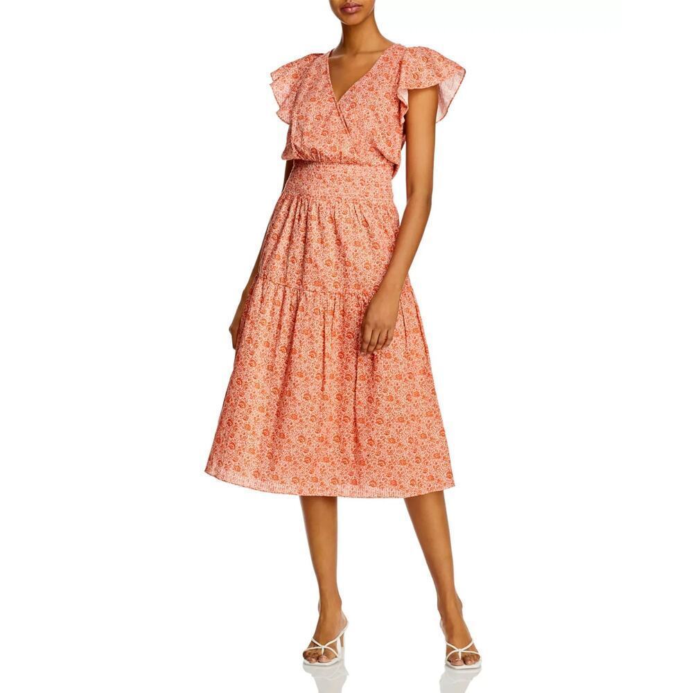 Parker Miley Cotton Midi Dress Size XS Fit & Flare Floral Orange Prairie Flutter